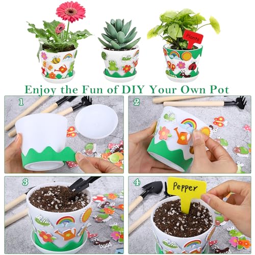 Elcoho 24 Packs Garden Plastic Pot Craft Kit Plant Spring Craft Kits for Kids Flower Pots with 150 Foam Stickers 36 Labels 24 Certificate of Awards 3 Tools Planting Growing Kit for Kids - Image 4