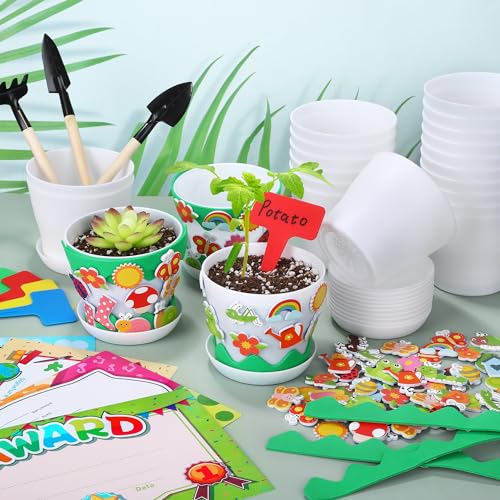 Elcoho 24 Packs Garden Plastic Pot Craft Kit Plant Spring Craft Kits for Kids Flower Pots with 150 Foam Stickers 36 Labels 24 Certificate of Awards 3 Tools Planting Growing Kit for Kids - Image 5
