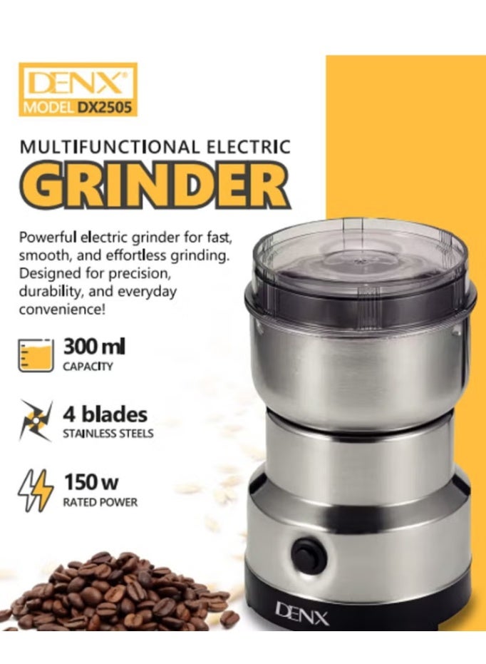 Denx DX2505 Multifunctional Electric Grinder 300ml, 150W Food Chopper with 4 Stainless Steel Blades, Fast Grinding Machine for Coffee Beans, Spices, Nuts, Seeds & Kitchen Ingredients - Image 1