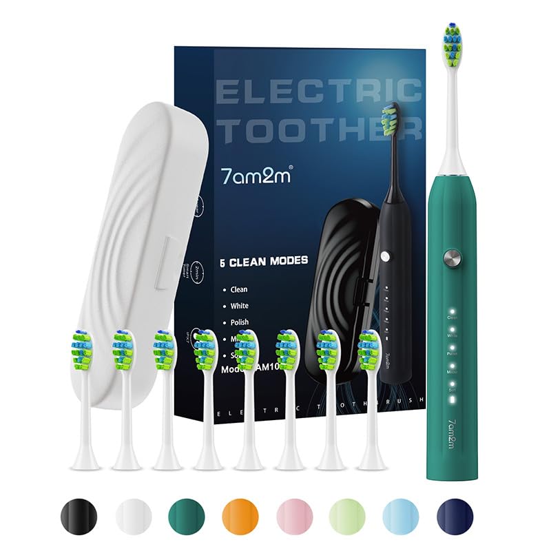 7AM2M Sonic Electric Toothbrush for Adults and Kids with 8 Brush Heads and Travel Case5 Modes with 2 Minutes Build in Smart Timer One Charge Use for 90 DaysRechargeable ToothbrushesPeacock Green