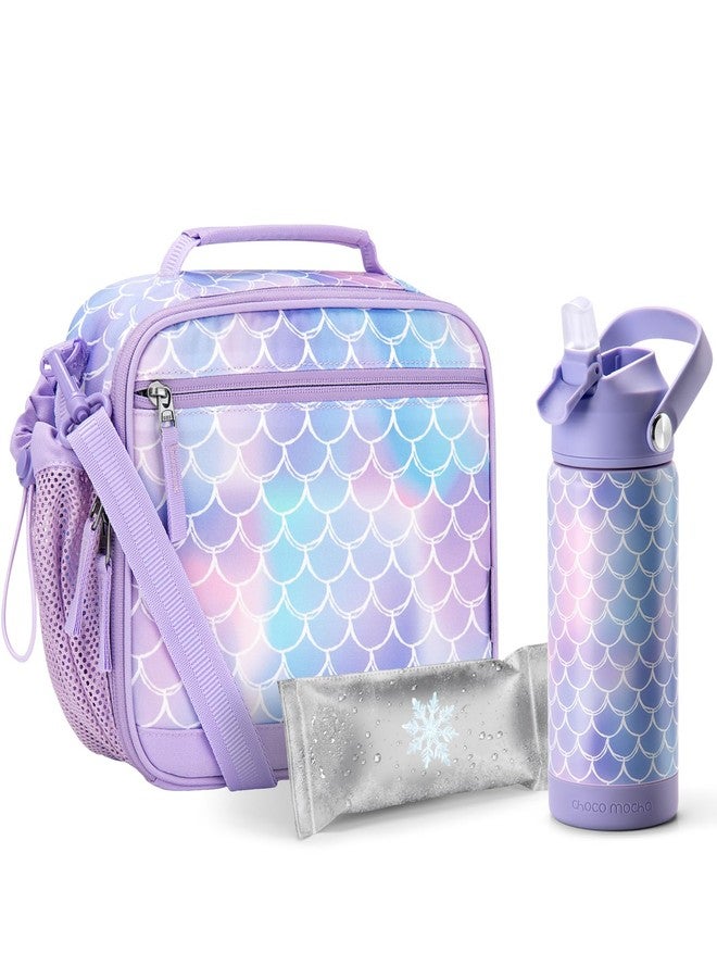 Choco Mocha Kids Lunch Box with Water Bottle for School Lunch Box and Water Bottle Set Kids Lunch Bag for Girls with Shoulder Strap and Ice Pack,Purple Mermaid - Image 1