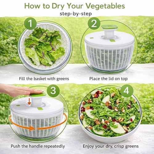 Brieftons QuickPush Salad Spinner: Large 6.3-Quart Vegetable Washer Dryer Strainer Drainer, Easy One-Handed Handle & Brake, Fast Spin Cycles, Compact Storage, to Wash, Clean & Dry Vegetables, Fruits - Image 3
