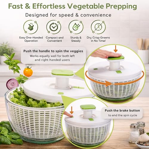Brieftons QuickPush Salad Spinner: Large 6.3-Quart Vegetable Washer Dryer Strainer Drainer, Easy One-Handed Handle & Brake, Fast Spin Cycles, Compact Storage, to Wash, Clean & Dry Vegetables, Fruits - Image 2