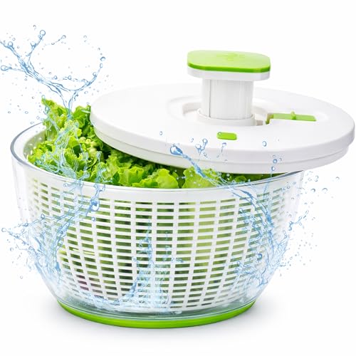 Brieftons QuickPush Salad Spinner: Large 6.3-Quart Vegetable Washer Dryer Strainer Drainer, Easy One-Handed Handle & Brake, Fast Spin Cycles, Compact Storage, to Wash, Clean & Dry Vegetables, Fruits - Image 1