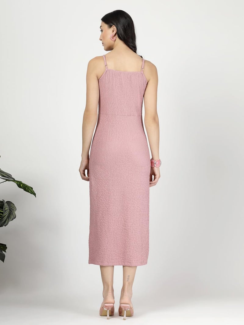 Style Quotient Women Solid Texture Pink Polyknit Party Sheath Maxi Dress - Image 4