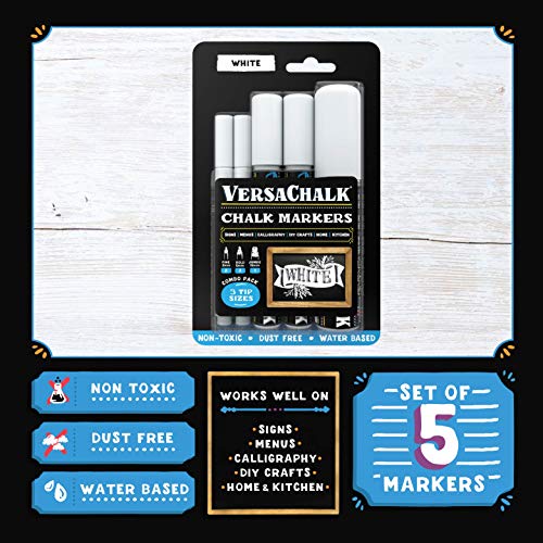 VersaChalk White Chalkboard Chalk Markers - Wet Erase Dustless Chalk Ink Paint Marker for Blackboard, Dry Erase White Board, Chalkboard Sign (COMBO SET, 5/SET) - Image 3