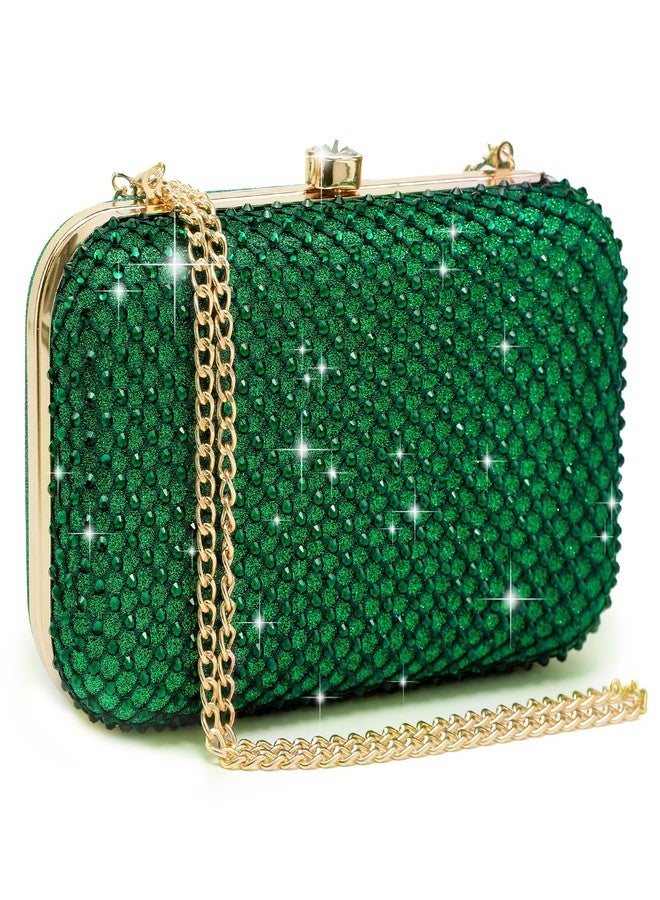 داسين حقيبة يد نسائية مرصعة بأحجار الراين، حقيبة سهرة براقة مع مشبك كريستالي لحفلات التخرج وحفلات الزفاف الرسمية (أخضر) - Image 1