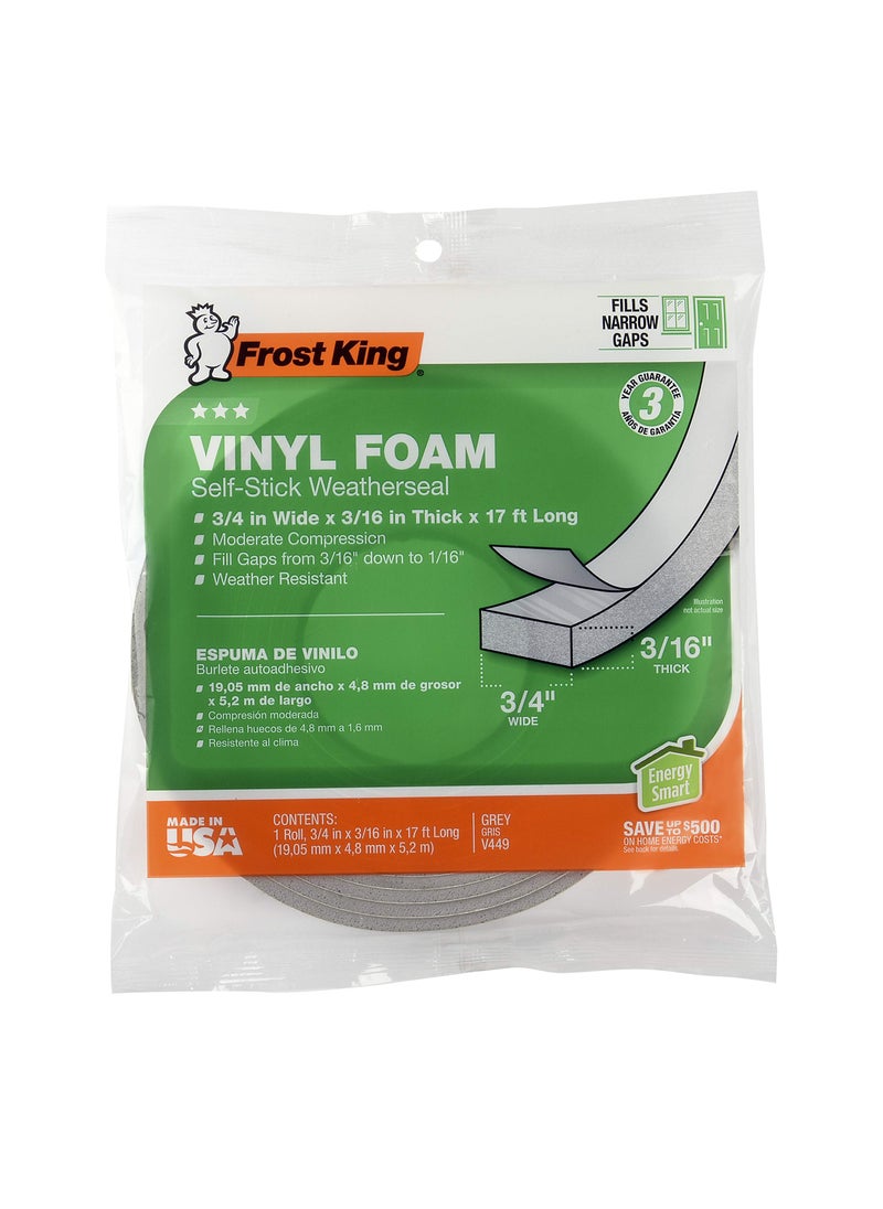 Frost King Frost King V212GH Vinyl Foam Self-Stick Tape, Moderate Compression, 3/8" Wide x 3/16" Tall x 17 ft. Long, Charcoal  - Image 2