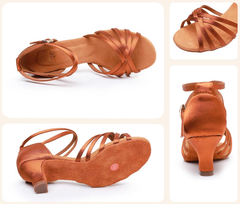Rosefinch Women's Latin Dance Shoes Satin Professional Ballroom Salsa Practice Performance Wedding Dancing Shoesï¼ŒDance High Heels for Women Brownï¼ˆ2 inch Heelï¼‰ - Image 4