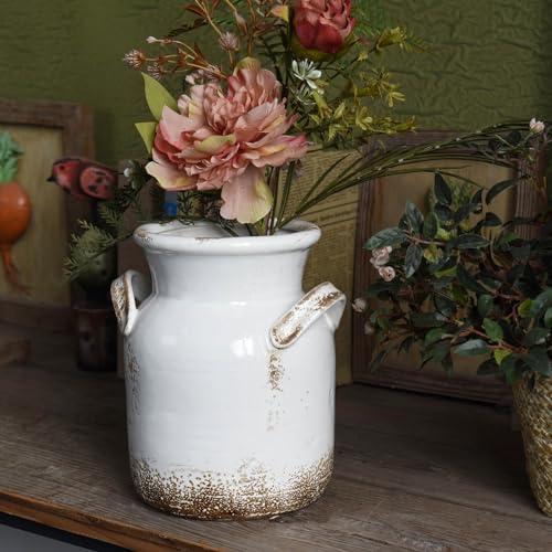 Quoowiit Ceramic Rustic Farmhouse Vase, Distressed Decorative Flower Vase for Home Decor, Ideal Shelf Decor, White Boho Vase for Living Room Bedroom Kitchen Office Decor Centerpiece Table Decorations - Image 4