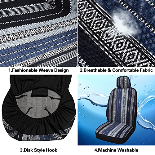 Pariitadin Baja Saddle Blanket Car Seat Covers Front Set with Seat Belt Pads, Washable Breathable Striped Woven Cloth Seat Covers for Cars, Universal Fit Most Cars, Airbag Compatible, Blue - Image 5