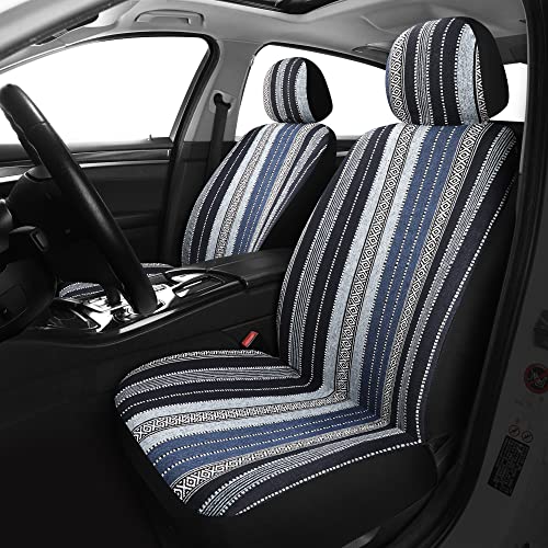 Pariitadin Baja Saddle Blanket Car Seat Covers Front Set with Seat Belt Pads, Washable Breathable Striped Woven Cloth Seat Covers for Cars, Universal Fit Most Cars, Airbag Compatible, Blue - Image 2