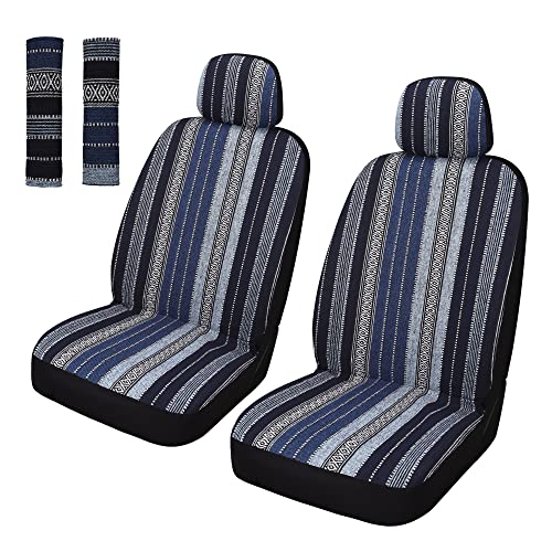 Pariitadin Baja Saddle Blanket Car Seat Covers Front Set with Seat Belt Pads, Washable Breathable Striped Woven Cloth Seat Covers for Cars, Universal Fit Most Cars, Airbag Compatible, Blue - Image 1