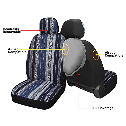 Pariitadin Baja Saddle Blanket Car Seat Covers Front Set with Seat Belt Pads, Washable Breathable Striped Woven Cloth Seat Covers for Cars, Universal Fit Most Cars, Airbag Compatible, Blue - Image 4