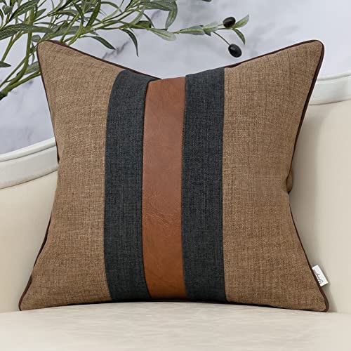 Yangest Patchwork Pillow Cover 18x18 Inch Luxury Cotton and Linen Cushion Cover Faux Leather Pillowcover for Couch Bedroom Living Room Brown - Image 1