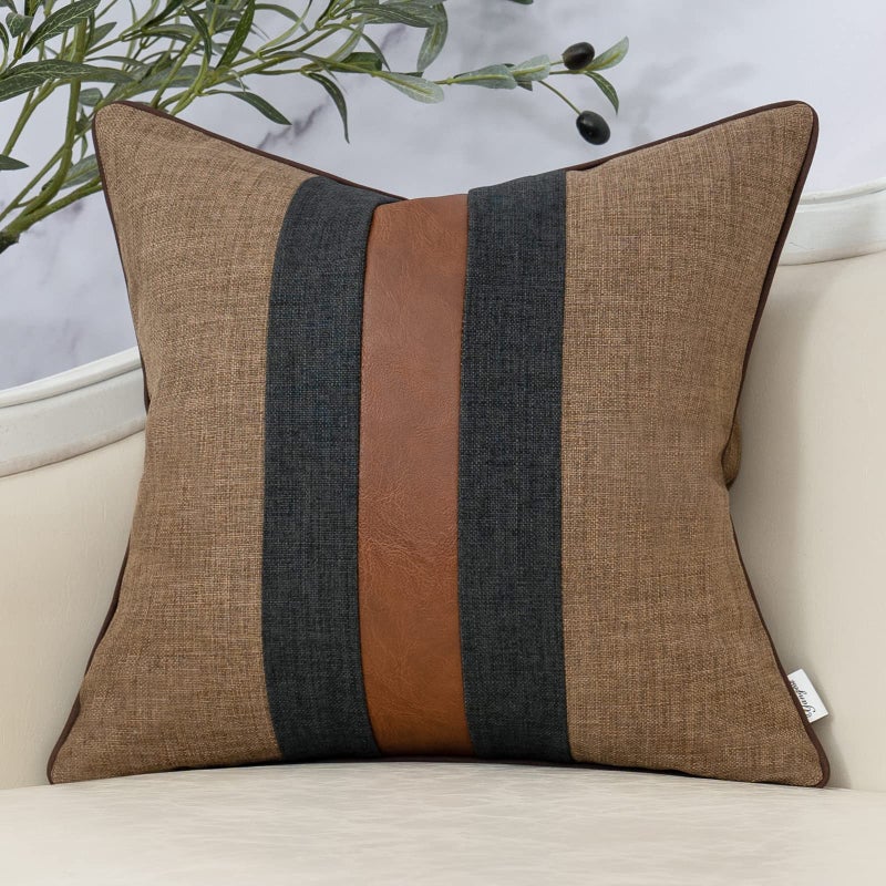 Yangest Patchwork Pillow Cover 18x18 Inch Luxury Cotton and Linen Cushion Cover Faux Leather Pillowcover for Couch Bedroom Living Room Brown - Image 2