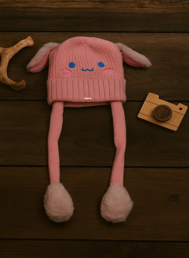 CHACKO Bunny Cap with Moving Ears for Kids (1-10 Yrs) | Plush Wool Winter Hat | Cute Girls Headwear & Funny Cap_Pink - Image 5
