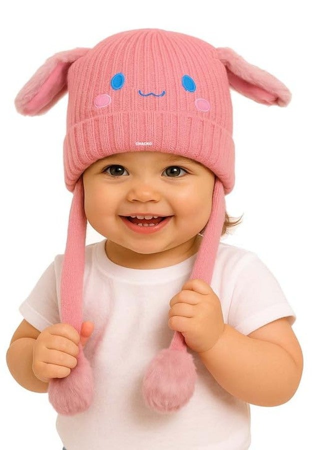 CHACKO Bunny Cap with Moving Ears for Kids (1-10 Yrs) | Plush Wool Winter Hat | Cute Girls Headwear & Funny Cap_Pink - Image 1