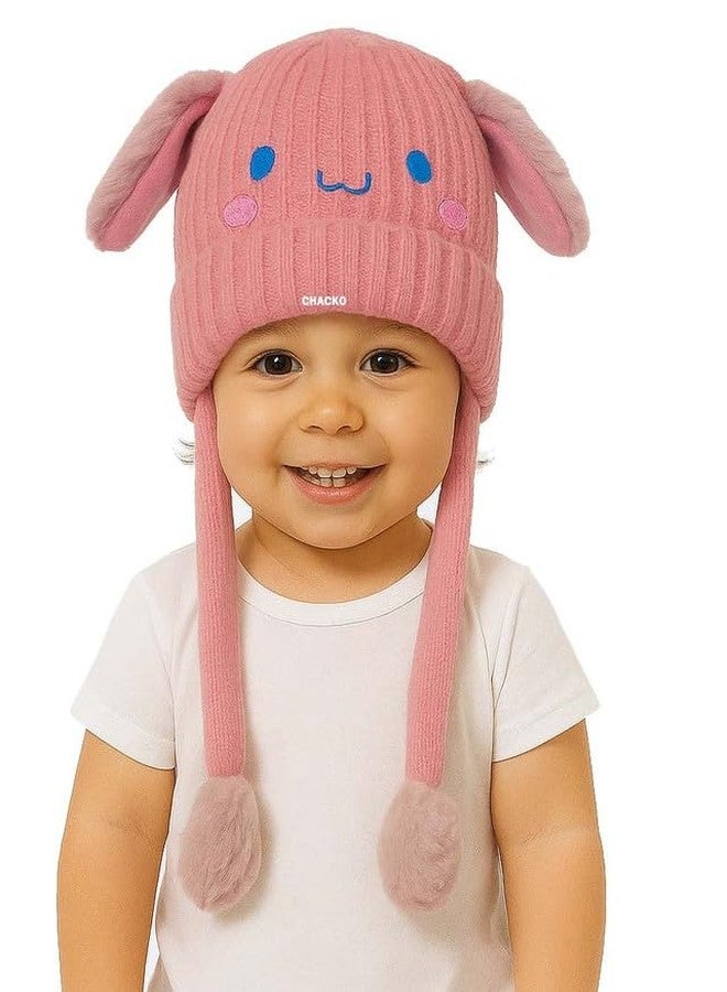 CHACKO Bunny Cap with Moving Ears for Kids (1-10 Yrs) | Plush Wool Winter Hat | Cute Girls Headwear & Funny Cap_Pink - Image 2