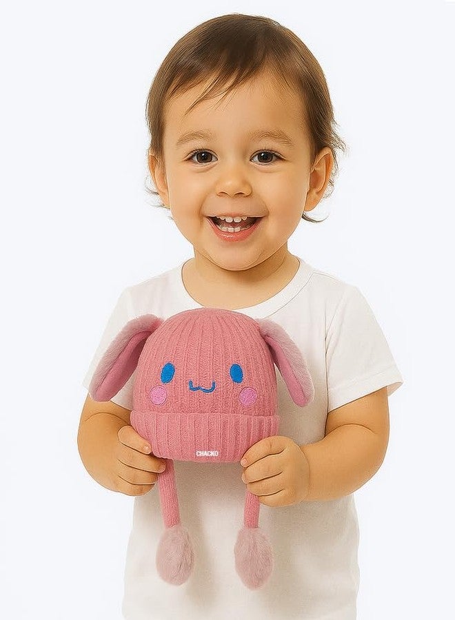 CHACKO Bunny Cap with Moving Ears for Kids (1-10 Yrs) | Plush Wool Winter Hat | Cute Girls Headwear & Funny Cap_Pink - Image 3