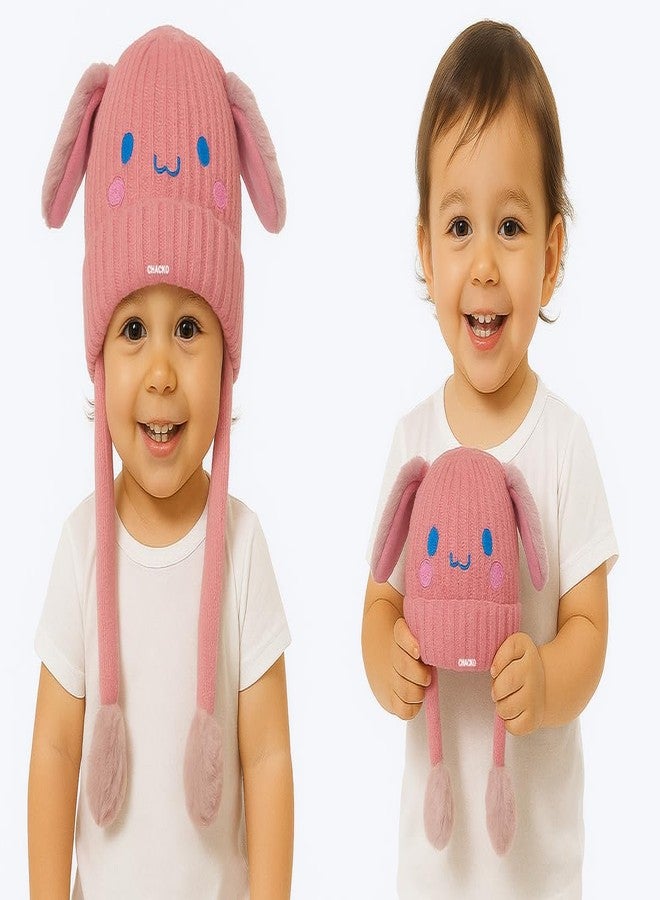 CHACKO Bunny Cap with Moving Ears for Kids (1-10 Yrs) | Plush Wool Winter Hat | Cute Girls Headwear & Funny Cap_Pink - Image 4