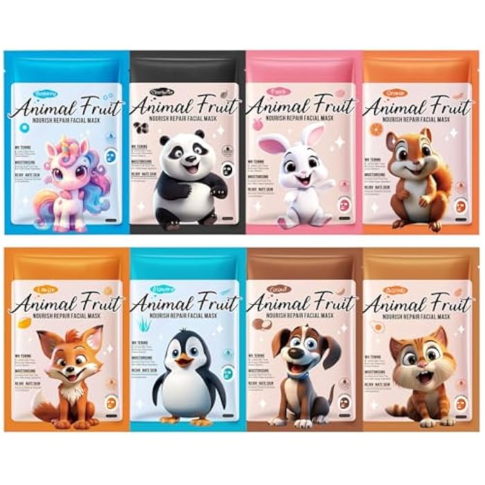 INSEEK 8 Pack Animal Facial Sheet Masks, Animal Face Masks Skincare for Kids Girls Spa, Deep Moisturize Spa Mask with Plant Extract for All Skin Types, Birthday Party Gifts for Teens Girls - Image 1