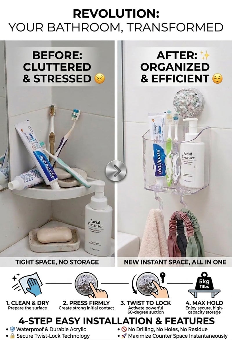 HOME&I Suction Cup Toothbrush Holder and Shower Caddy – Drill-Free, Removable, Powerful Suction Cup, Self-Draining Design for Bathroom & Kitchen – Holds Toothpaste, Razors, and Tableware - Image 3