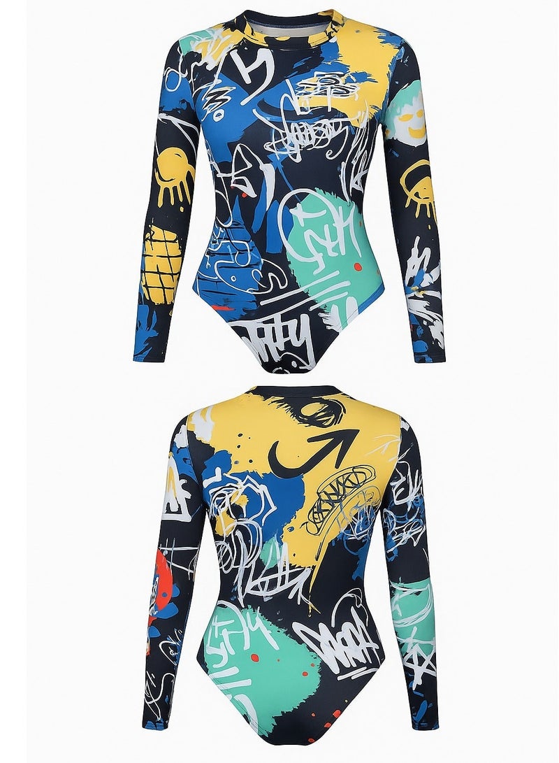 شارلي بدلة جسم نسائية بأكمام طويلة بطبعة جرافيتي - قطعة واحدة تجريدية ملونة للأزياء الحضرية والمهرجانات وجلسات التصوير - تصميم ضيق عالي القطع - قماش مطاطي وجيد التهوية - مظهر فني جريء لرواد الموضة - Image 2