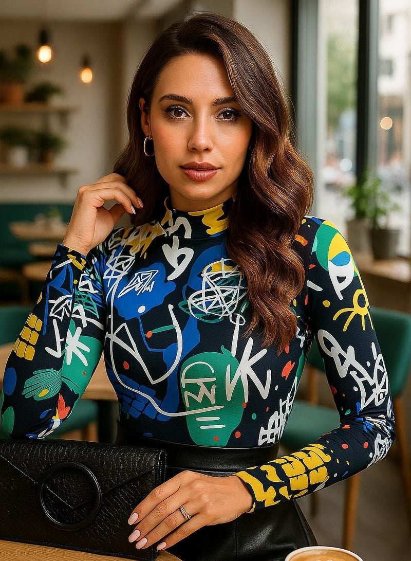 شارلي بدلة جسم نسائية بأكمام طويلة بطبعة جرافيتي - قطعة واحدة تجريدية ملونة للأزياء الحضرية والمهرجانات وجلسات التصوير - تصميم ضيق عالي القطع - قماش مطاطي وجيد التهوية - مظهر فني جريء لرواد الموضة - Image 3