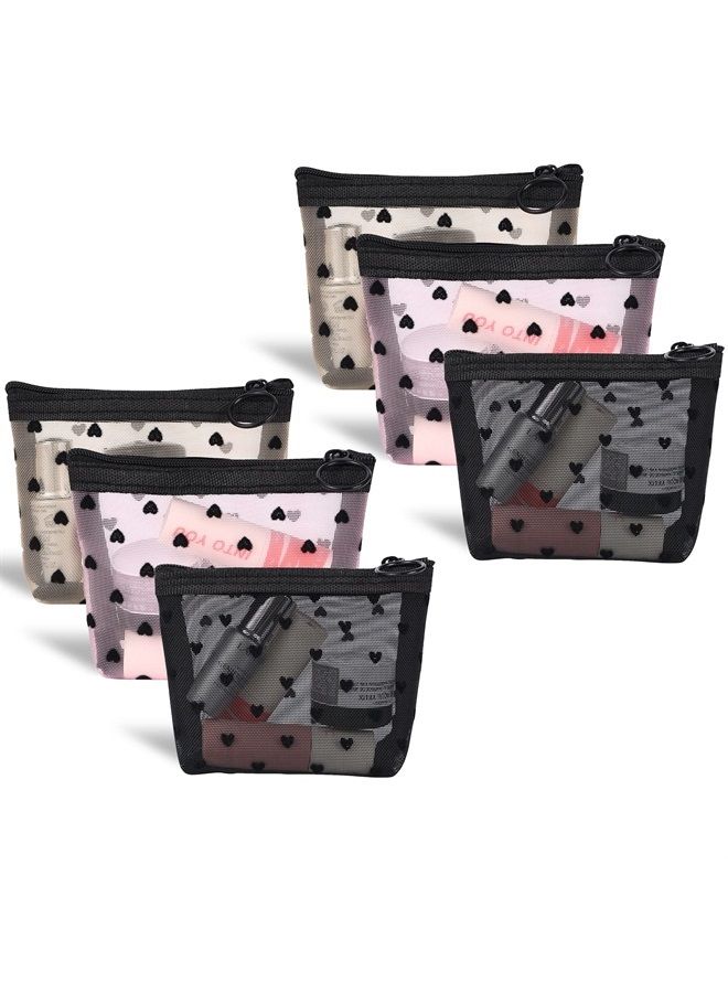 MHDGG Mini Mesh Makeup Bags,6 Pieces Heart Print Mesh Cosmetic Bags for Women Beauty Makeup Lipstick Cosmetic Accessories Organizer Mini Zipper Mesh Bags Small Travel Kit Storage Pouch,3 Colors  - Image 1