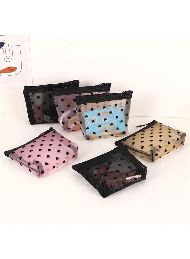 MHDGG Mini Mesh Makeup Bags,6 Pieces Heart Print Mesh Cosmetic Bags for Women Beauty Makeup Lipstick Cosmetic Accessories Organizer Mini Zipper Mesh Bags Small Travel Kit Storage Pouch,3 Colors  - Image 4