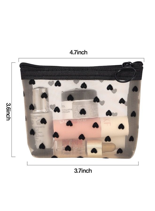 MHDGG Mini Mesh Makeup Bags,6 Pieces Heart Print Mesh Cosmetic Bags for Women Beauty Makeup Lipstick Cosmetic Accessories Organizer Mini Zipper Mesh Bags Small Travel Kit Storage Pouch,3 Colors  - Image 3