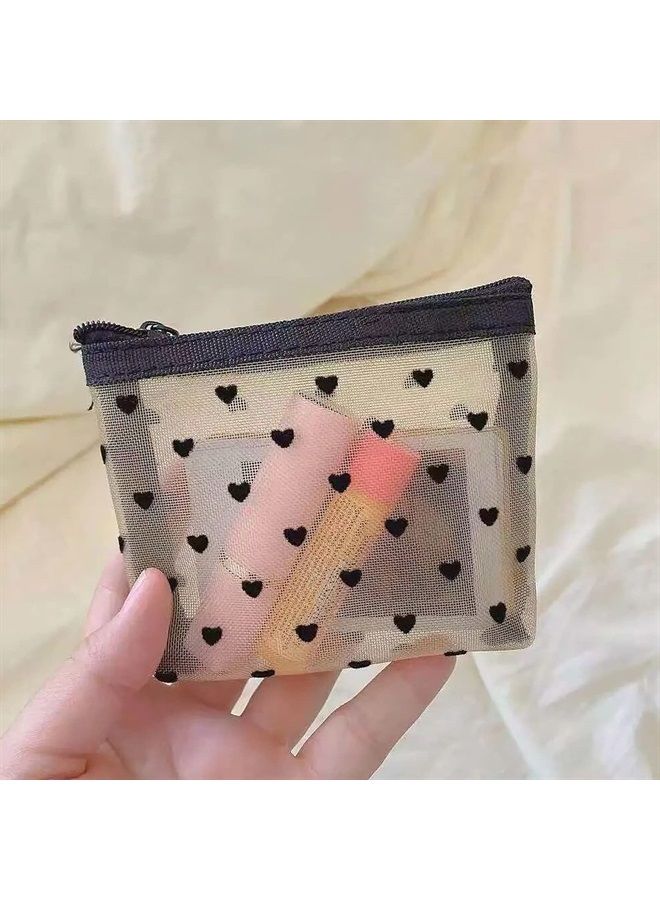 MHDGG Mini Mesh Makeup Bags,6 Pieces Heart Print Mesh Cosmetic Bags for Women Beauty Makeup Lipstick Cosmetic Accessories Organizer Mini Zipper Mesh Bags Small Travel Kit Storage Pouch,3 Colors  - Image 5