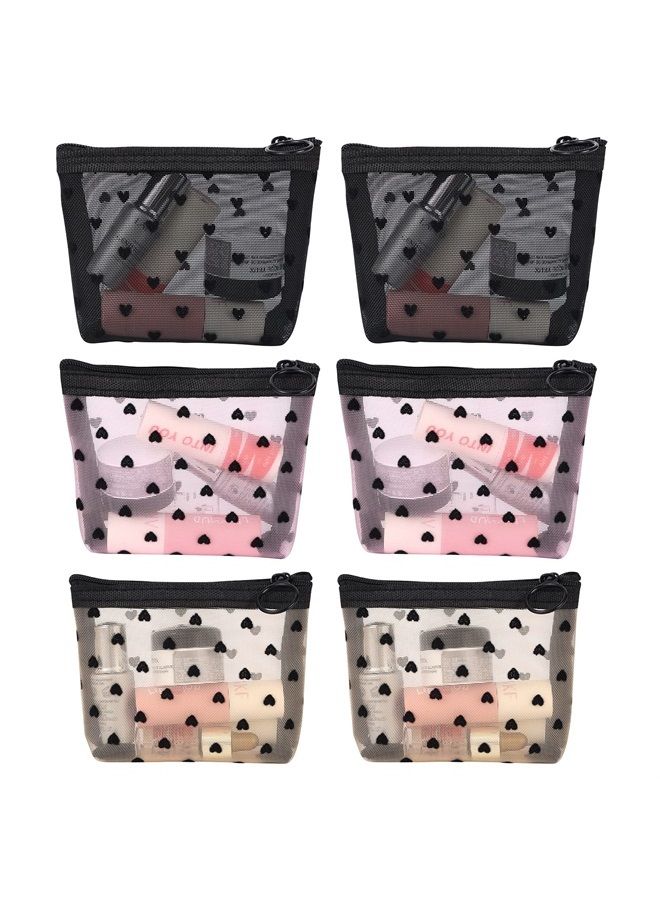 MHDGG Mini Mesh Makeup Bags,6 Pieces Heart Print Mesh Cosmetic Bags for Women Beauty Makeup Lipstick Cosmetic Accessories Organizer Mini Zipper Mesh Bags Small Travel Kit Storage Pouch,3 Colors  - Image 2