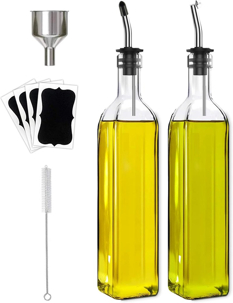 Leaflai Olive Oil Dispenser Bottle, 2 Pcs Glass Olive Oil Dispenser and Vinegar Dispenser Set with 2 Stainless Steel Pourers, 4 Labels,1 Brush and 1 Funnel Oil Bottles for Kitchen (500ml) - Image 1