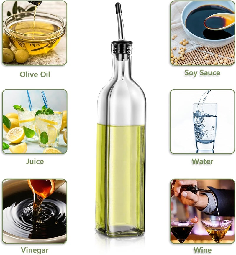 Leaflai Olive Oil Dispenser Bottle, 2 Pcs Glass Olive Oil Dispenser and Vinegar Dispenser Set with 2 Stainless Steel Pourers, 4 Labels,1 Brush and 1 Funnel Oil Bottles for Kitchen (500ml) - Image 4