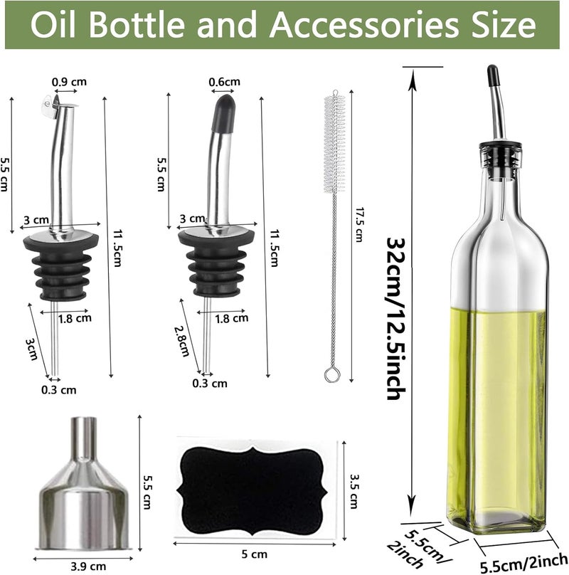 Leaflai Olive Oil Dispenser Bottle, 2 Pcs Glass Olive Oil Dispenser and Vinegar Dispenser Set with 2 Stainless Steel Pourers, 4 Labels,1 Brush and 1 Funnel Oil Bottles for Kitchen (500ml) - Image 3