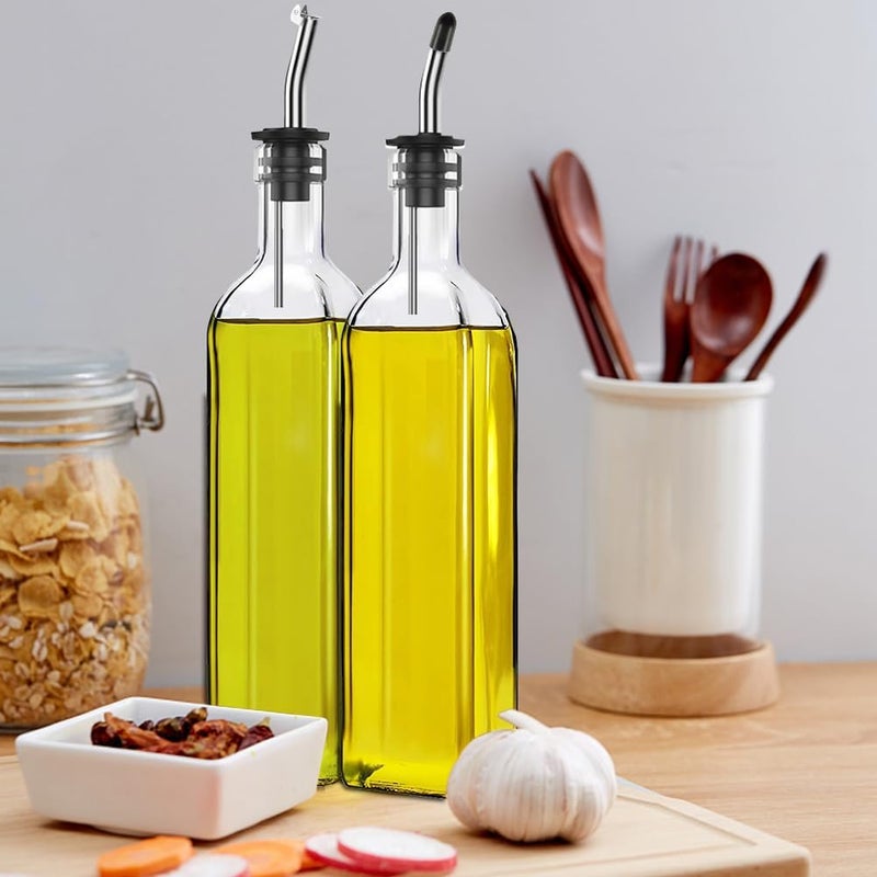 Leaflai Olive Oil Dispenser Bottle, 2 Pcs Glass Olive Oil Dispenser and Vinegar Dispenser Set with 2 Stainless Steel Pourers, 4 Labels,1 Brush and 1 Funnel Oil Bottles for Kitchen (500ml) - Image 2