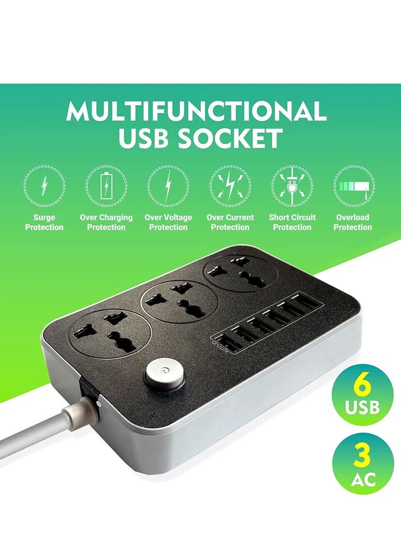 وصلة كهربائية بثلاثة منافذ، مقبس طاقة بستة منافذ USB، مقبس شحن عالمي مع سلك تمديد سميك بطول مترين - Image 4