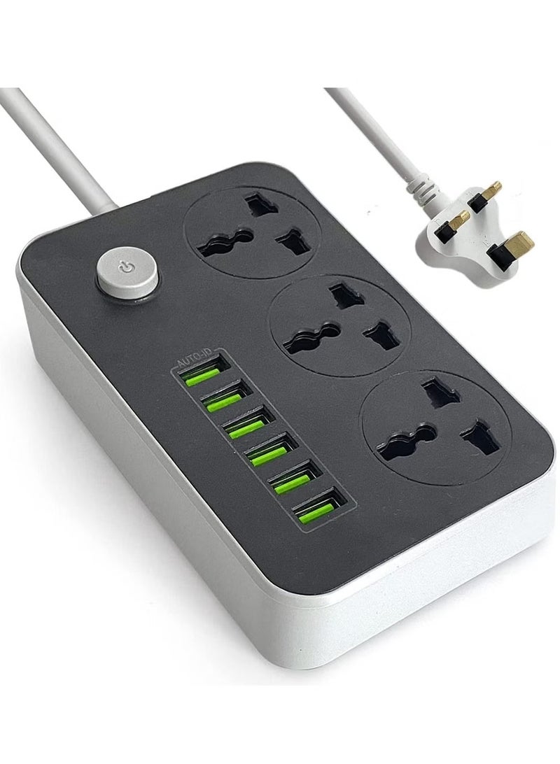 وصلة كهربائية بثلاثة منافذ، مقبس طاقة بستة منافذ USB، مقبس شحن عالمي مع سلك تمديد سميك بطول مترين - Image 1