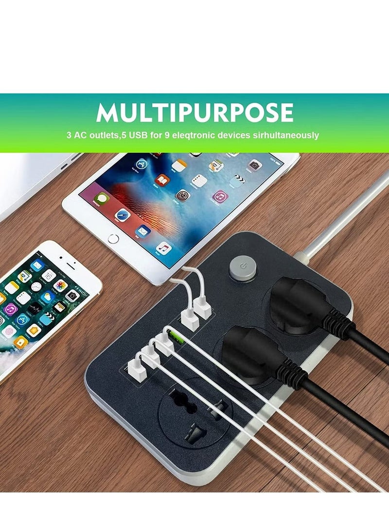 وصلة كهربائية بثلاثة منافذ، مقبس طاقة بستة منافذ USB، مقبس شحن عالمي مع سلك تمديد سميك بطول مترين - Image 5