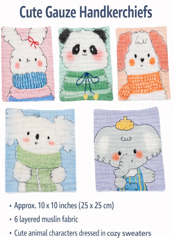 TERI BERI 100% Cotton Muslin Baby Washcloths Pack of 5 – Ultra Soft Reusable Face Towels for Newborn, Infant Bathing, Feeding & Burping – Cute Animal Print for Boys & Girls (25x25 cm) - Image 2