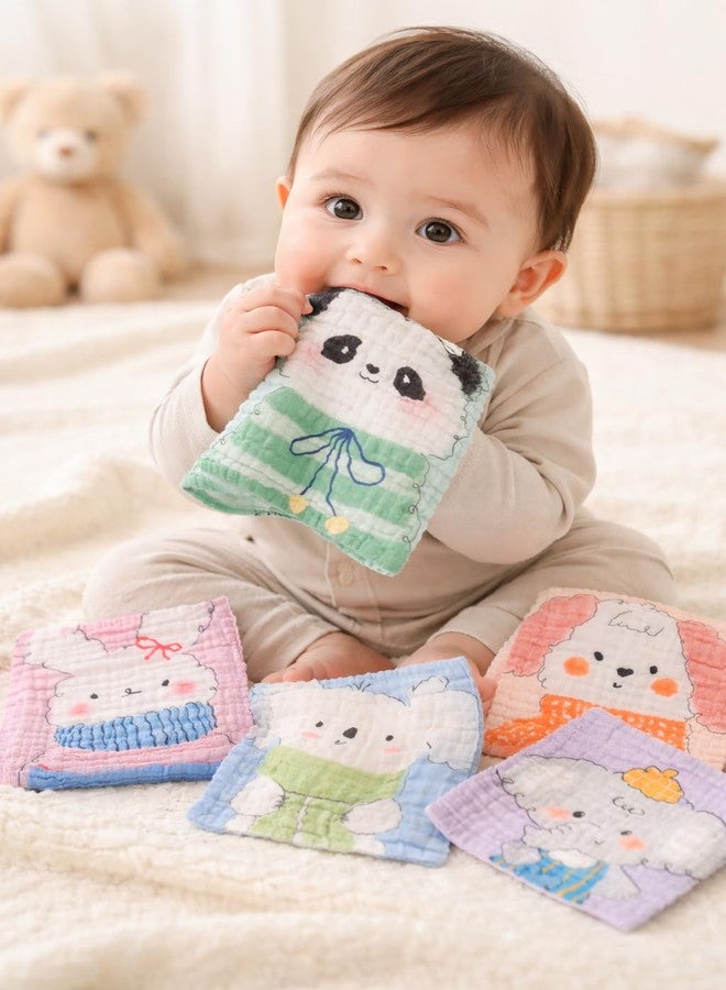 TERI BERI 100% Cotton Muslin Baby Washcloths Pack of 5 – Ultra Soft Reusable Face Towels for Newborn, Infant Bathing, Feeding & Burping – Cute Animal Print for Boys & Girls (25x25 cm) - Image 4