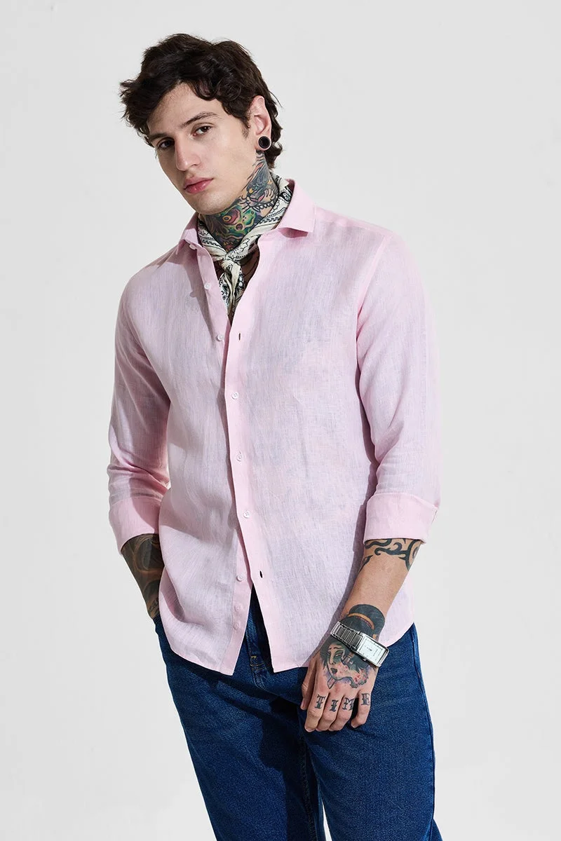 سنيتش قميص كتان وردي فاتح بقصة ضيقة