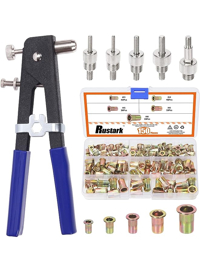 Rustark 151Pcs M3 M4 M5 M6 M8 Threaded Rivet Nuts 10.6Inch Hand Rivet Tool Rivet Nut Setter with 5 Sizes Metric Mandrels Heavy Duty Rivnut Blind Riveting Tools Hand Riveter Rivet Nut Tool Kit - Image 1