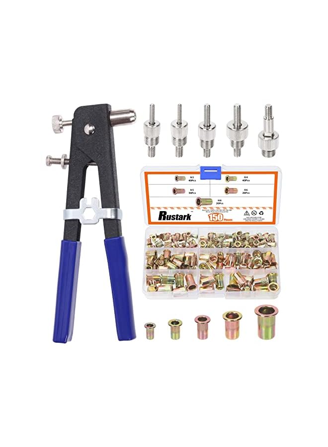 Rustark 151Pcs M3 M4 M5 M6 M8 Threaded Rivet Nuts 10.6Inch Hand Rivet Tool Rivet Nut Setter with 5 Sizes Metric Mandrels Heavy Duty Rivnut Blind Riveting Tools Hand Riveter Rivet Nut Tool Kit - Image 2