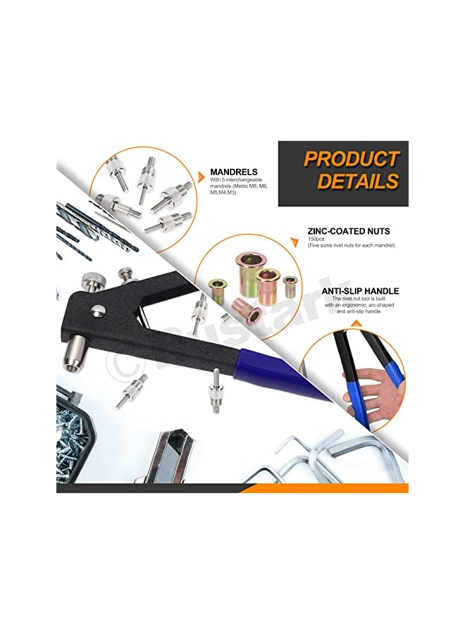 Rustark 151Pcs M3 M4 M5 M6 M8 Threaded Rivet Nuts 10.6Inch Hand Rivet Tool Rivet Nut Setter with 5 Sizes Metric Mandrels Heavy Duty Rivnut Blind Riveting Tools Hand Riveter Rivet Nut Tool Kit - Image 5