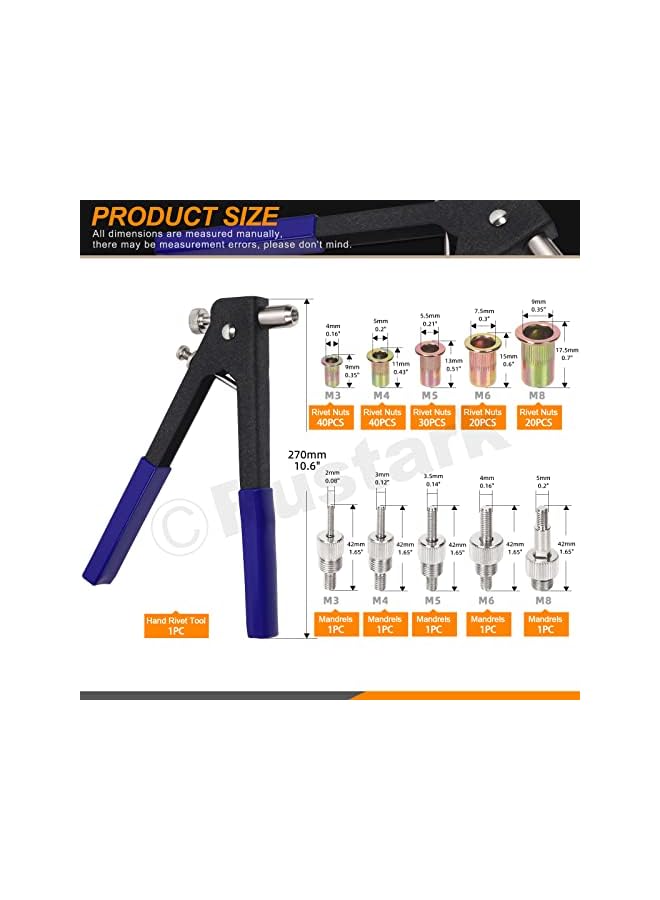Rustark 151Pcs M3 M4 M5 M6 M8 Threaded Rivet Nuts 10.6Inch Hand Rivet Tool Rivet Nut Setter with 5 Sizes Metric Mandrels Heavy Duty Rivnut Blind Riveting Tools Hand Riveter Rivet Nut Tool Kit - Image 3