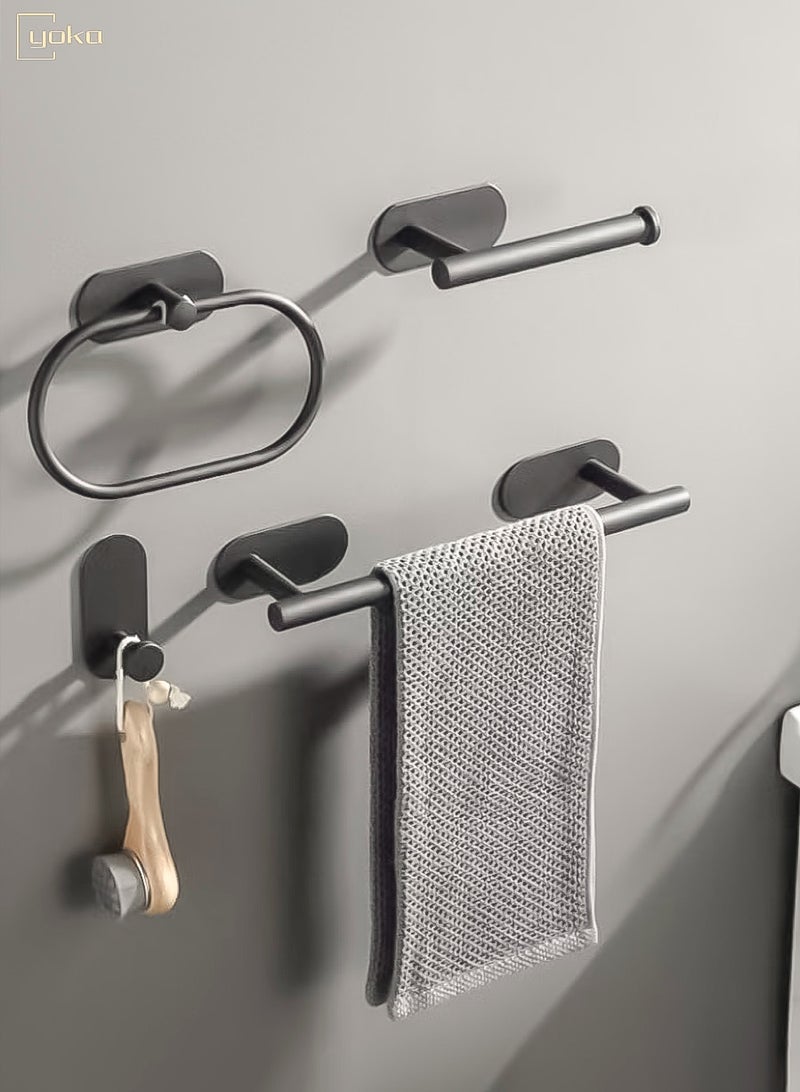 يوكا مجموعة أدوات حمام باللون الأسود غير اللامع مكونة من 4 قطع، تتضمن حامل ورق تواليت لاصق، وقضيب مناشف يد لاصق، وخطاف مناشف لاصق، ومجموعة إكسسوارات الحمام - Image 1