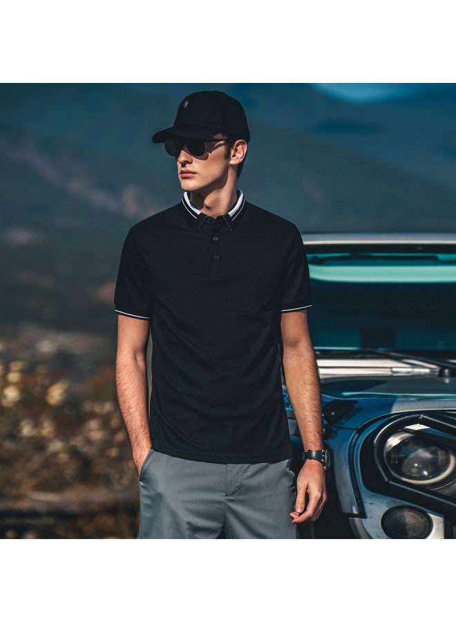 Cool & Antibacterial】pique Stripe Polo Shirt For Men - Contrast Collar Breathable T-shirt - Image 2